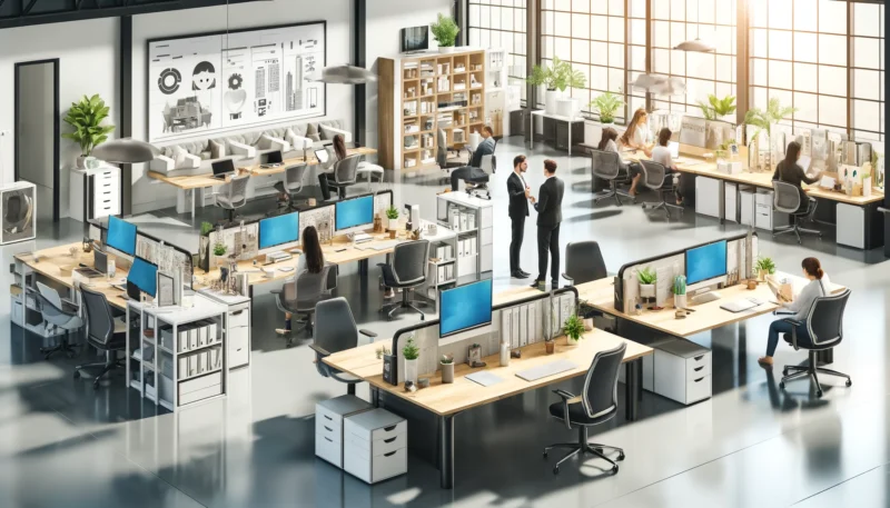 An illustration of effective workspace management. In the center, a modern office layout with adjustable desks, ergonomic chairs, and dual monitors.