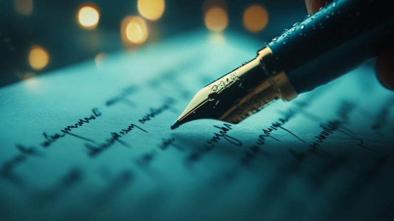 A Close-Up of A Fountain Pen Writing Cursive Text on Paper, with A Blurred Background and Bokeh Lights, Symbolizing Human Writing