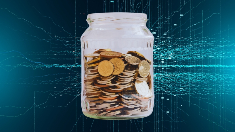 A Glass Jar Filled with Coins, Set Against a Digital Background Representing Financial Investments in IT